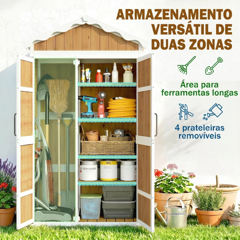 Outsunny Armário de Jardim de Madeira 105x55x179 cm Abrigo de Exterior com Portas 4 Prateleiras Extraíveis Teto Metal Galvanizado Madeira