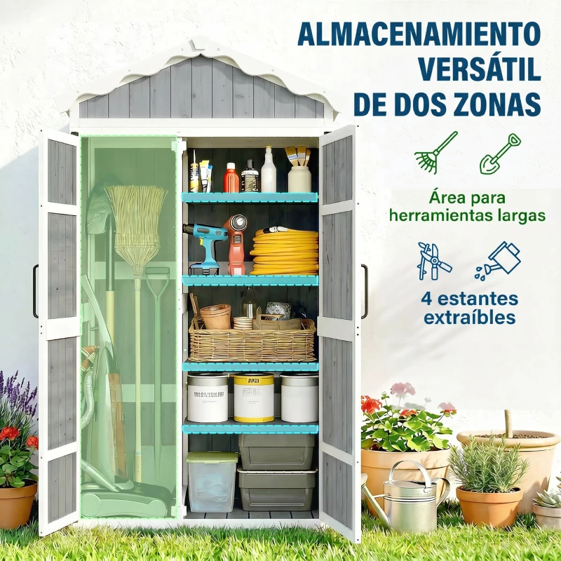 Outsunny Caseta de Jardín de Madera 105x55x179 cm Armario para Herramientas con 4 Estantes Techo de Metal Galvanizado Gris