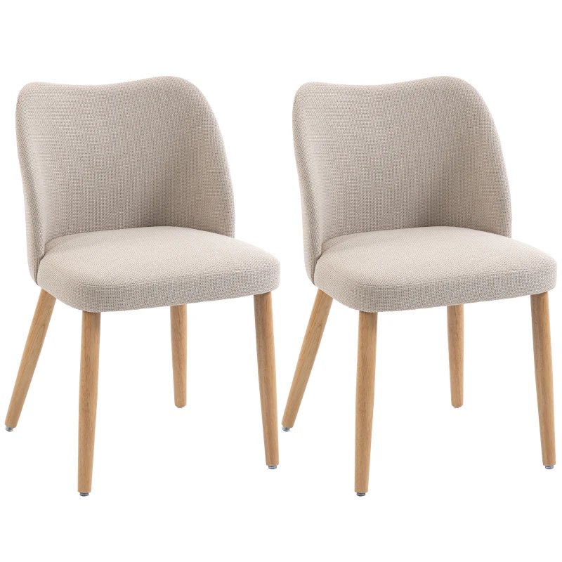 HOMCOM Set de 2 Scaune de Masă Moderne, Scaune de Bucătărie cu Tapițerie din In, Șezut Imbătut, Spătar Curbat, Picioare din Lemn de Cauciuc, Ușor de Asamblat, Alb Crem