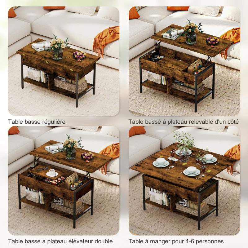 HOMCOM Table basse relevable et extensible, table de salon avec compartiment caché étagères ouvertes, 98x49x55cm, brun rustique