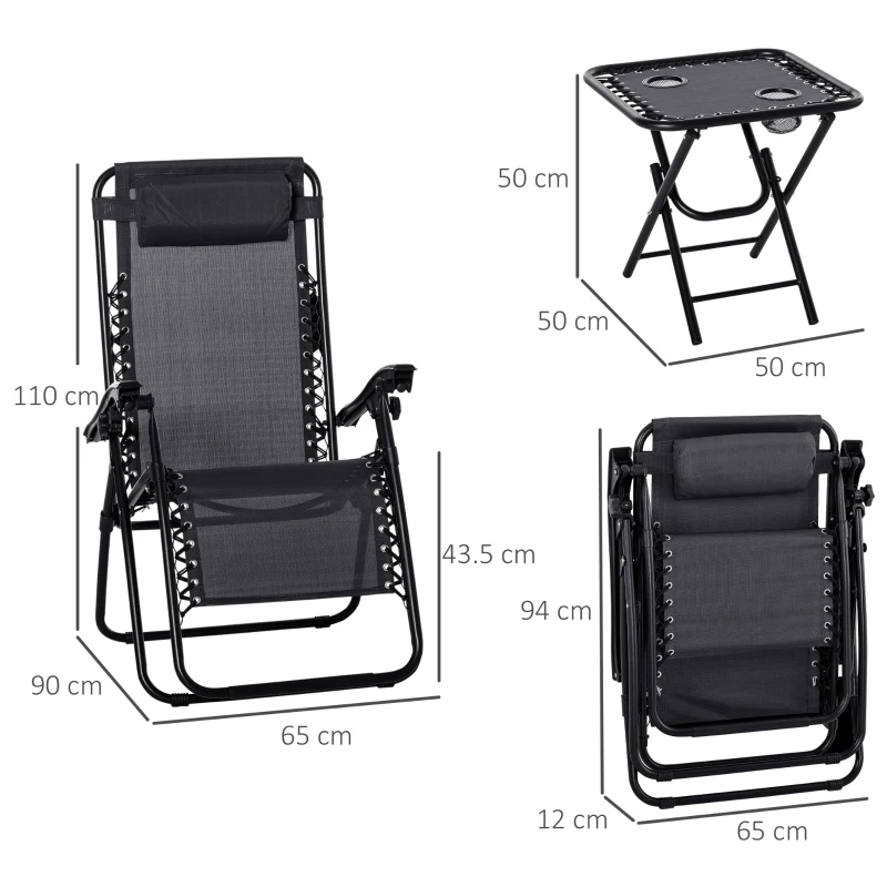 Outsunny Folding Zero Gravity Chairs, 3 Pieces Adjustable Sun Lounger and Table Set with Cup Holder and Headrest, Patio Bistro Set with Reclining Garden Chairs for Outdoor, Black
