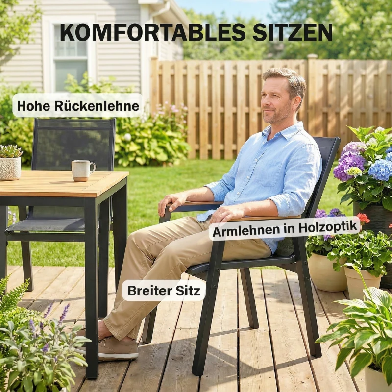 Outsunny Gartenmöbel Set Sitzgruppe 7-teilig Tisch mit 6 Atmungsaktiven Stühlen Hoche Rückenlehne Lamellendesign Holzoptik