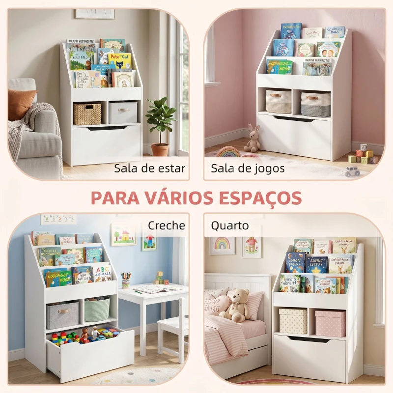 HOMCOM Estante de Madeira para Brinquedos com 3 Compartimentos 2 Cubos e Gaveta Móvel com 4 Rodas Estante para Livros Infantil para Dormitório Infantil Sala de Jogos 60x29,9x90cm Branco