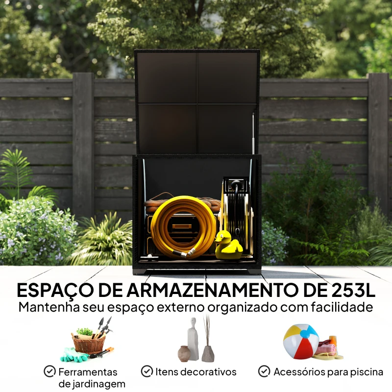 Outsunny Baú de Armazenamento Exterior de Ratã de 253L com Vara Hidráulica Forro com Fecho e Estrutura de Aço Preto