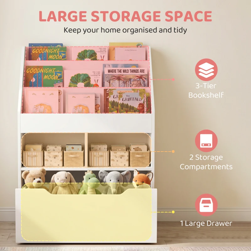 HOMCOM Kids Bookshelf, Toy Organiser, with Storage Drawer, Wheels - White
