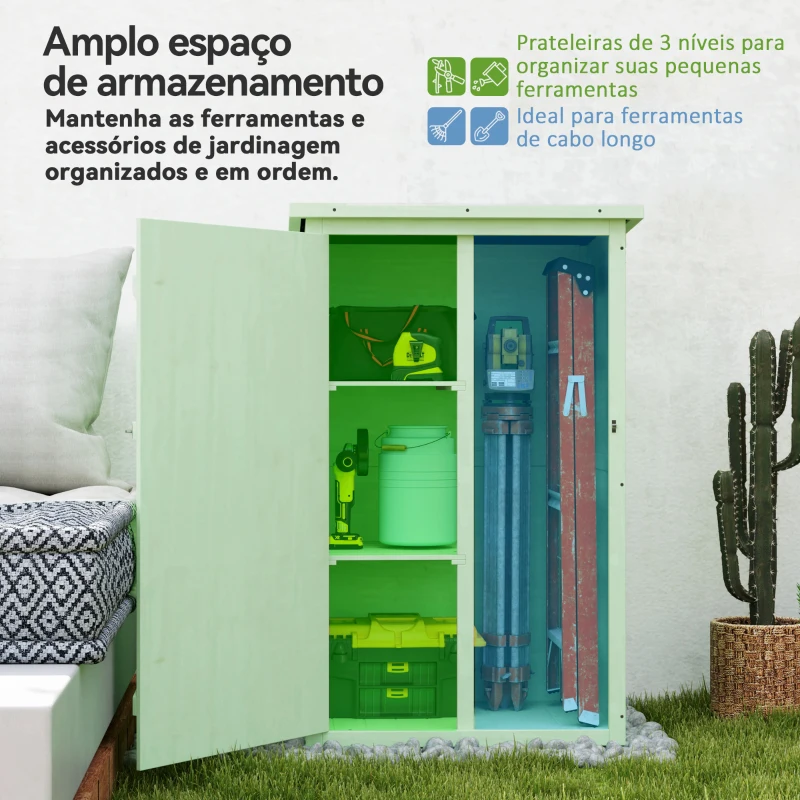 Outsunny Armário de Jardim em Madeira para Exterior com 2 Prateleiras e Telhado de Asfalto 75x56x115 cm Verde