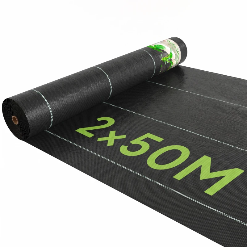 Outsunny Telo Pacciamatura 50x2m 100g/m² Telo Anti Erbacce Telo Nero per Orto, Serra, Giardino Drenante e Traspirante con Quadrettatura