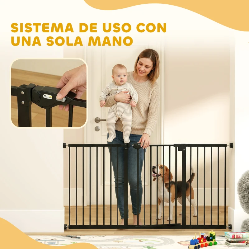 PawHut Barrera de Seguridad Extensible con Cierre Automático y Sistema de Doble Bloqueo Metal 74-147,5x76,2 cm Negro
