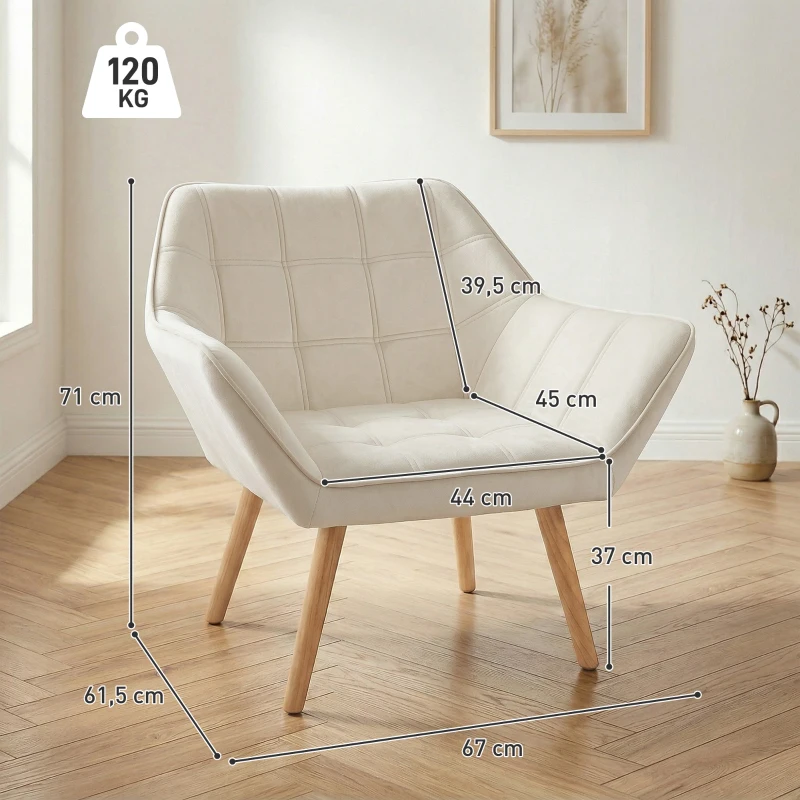 HOMCOM Fauteuil style scandinave dossier haut et accoudoirs, revêtement en polyester effet velours, 67 x 61,5 x 71 cm, crème