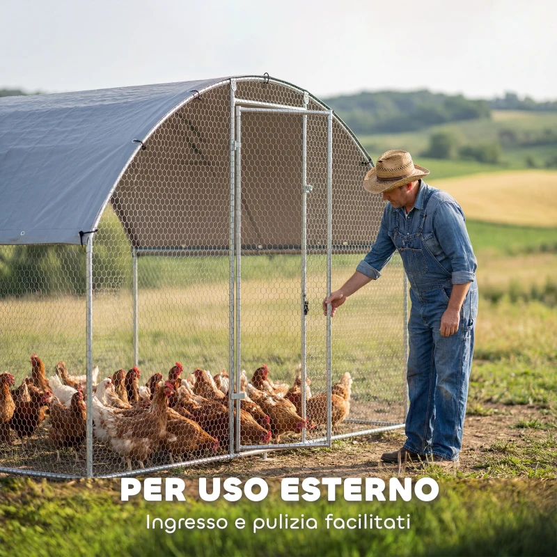 PawHut Pollaio per Galline da Esterno con Tetto Impermeabile e Serratura, in Acciaio Zincato, 2.8x1.7x1.9 m, Argento