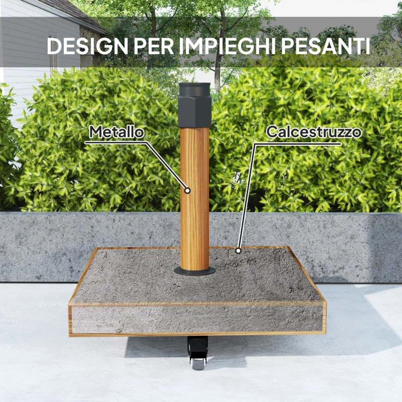 Outsunny Base per Ombrellone a Rotelle con Freni, Basamento per Ombrellone in Metallo con Cemento, per Pali di Ombrelloni da Ø36/38/48 mm, Effetto Legno Naturale