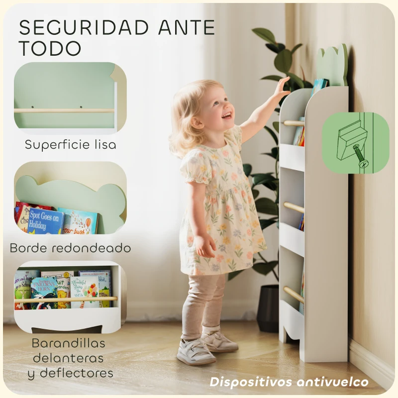AIYAPLAY Estantería Infantil 3 Niveles Diseño de Osito Bordes Redondeados y Barreras de Seguridad para Libros y Juguetes Verde