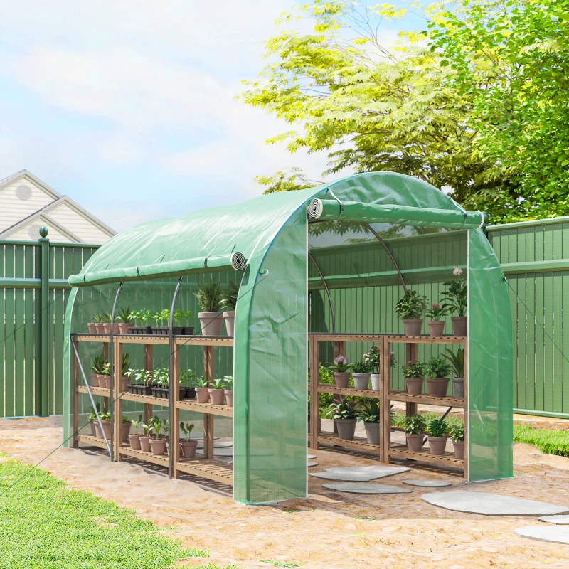 Outsunny Serre tunnel de jardin 6 m² 3 x 2 m avec 1 porte + 2 parois latérales zippées enroulables, 6 fenêtres, vert