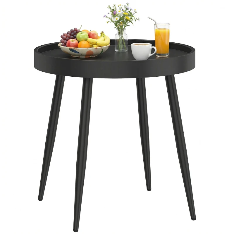 Outsunny 49.5 cm Round Garden Table, Small Outdoor Coffee Side Table with Plastic Tray-Style Top, Metal Legs, Black