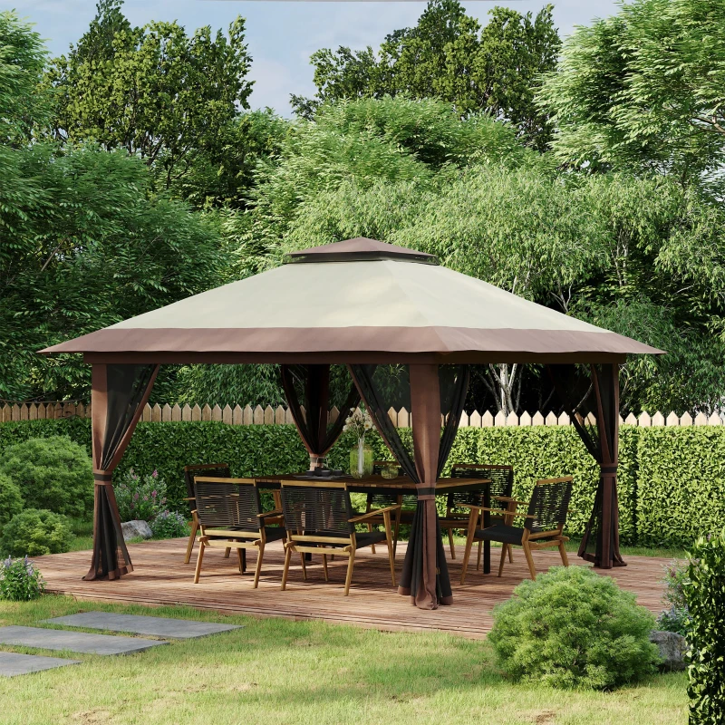 Outsunny Tonnelle barnum de jardin pop-up pliant double toit protection UV 50+ avec 4 moustiquaires zippées 4 x 4 m beige