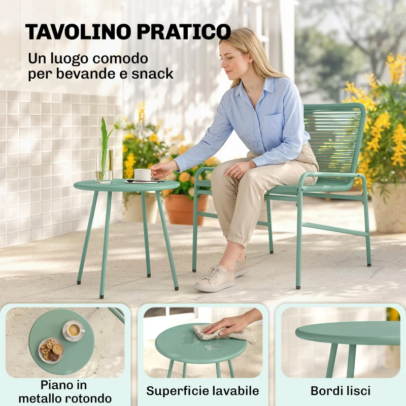 Outsunny Set Bistrò Rattan 3 Pezzi: 2 Sedie, Tavolo Rotondo Giardino, Verde.