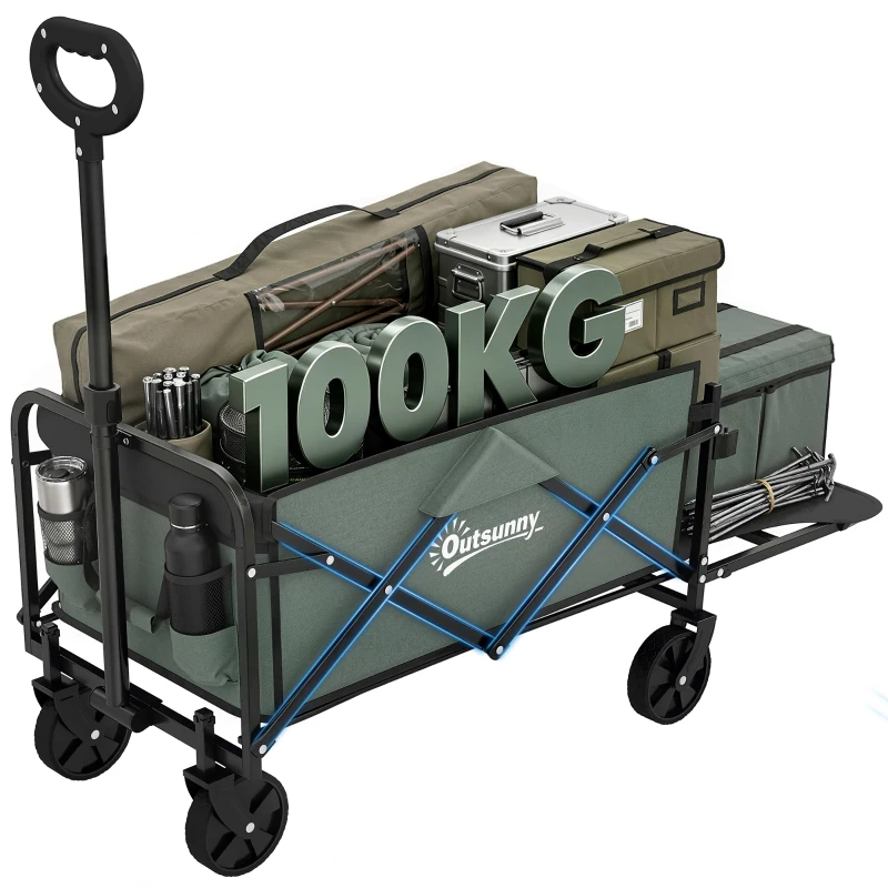 Outsunny Carrinho de Transporte com Rodas Carrinho de Jardim Dobrável com Puxador Telescópico Ajustável Porta Traseira Expansível 114x46x65-92 cm Verde
