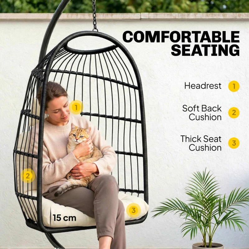 Outsunny Hanging Egg Chair, Indoor Outdoor Hammock Swing Chair with Stand, Safety Strap, Foldable Basket, Black/Cream White