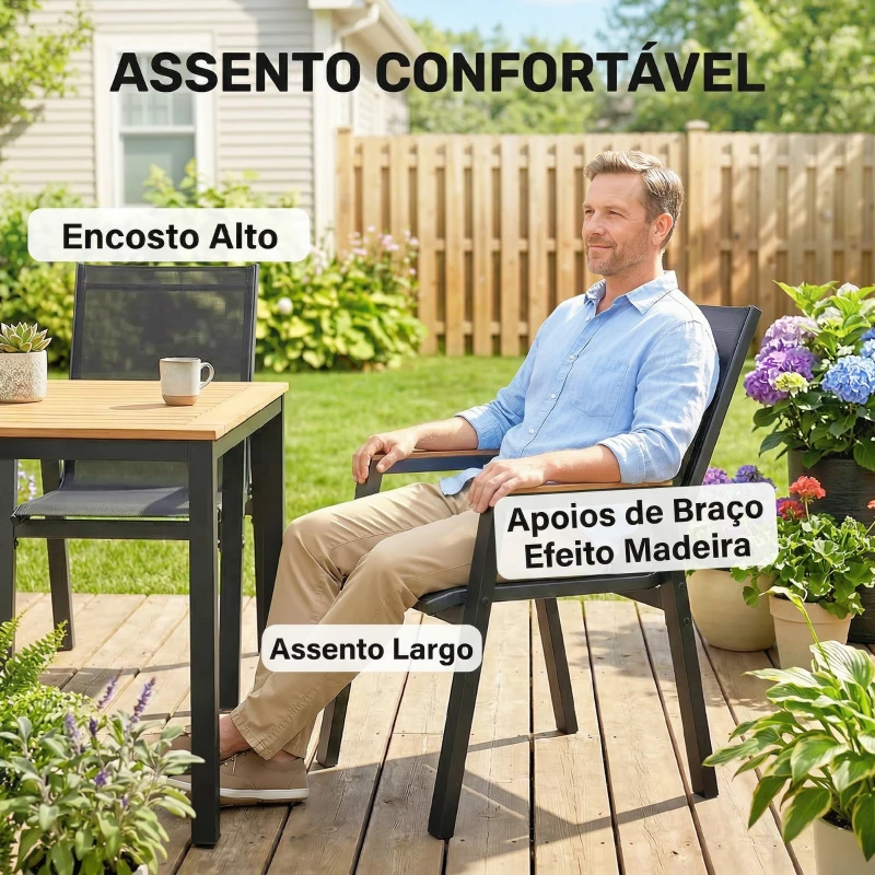 Outsunny Conjunto de Mesa e Cadeiras Jardim de 7 peças com Mesa com Tampo de Ripas Efeito Madeira 6 Cadeiras Preto