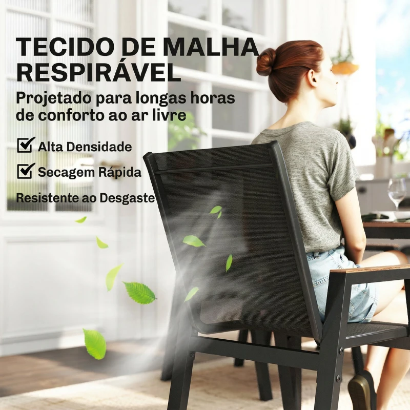 Outsunny Conjunto de Mesa e Cadeiras Jardim de 7 peças com Mesa com Tampo de Ripas Efeito Madeira 6 Cadeiras Preto