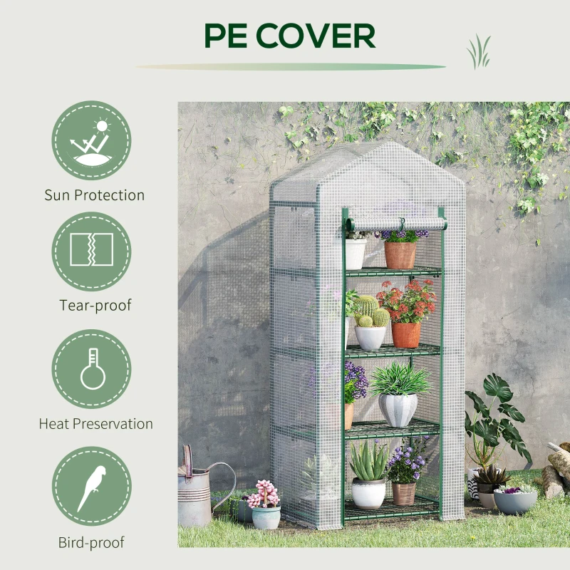 Outsunny 4 Tier Mini Greenhouse, Portable Small Green House with Roll-up Door, PE Cover, 70 x 50 x 160 cm, White