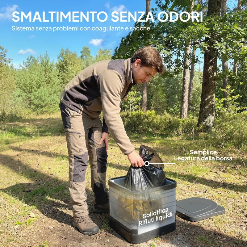 Outsunny WC Portatile da Campeggio con 12 Pacchetti Coagulanti e 12 Sacchetti di Smaltimento, 42x46x43.5 cm, Grigio e Nero