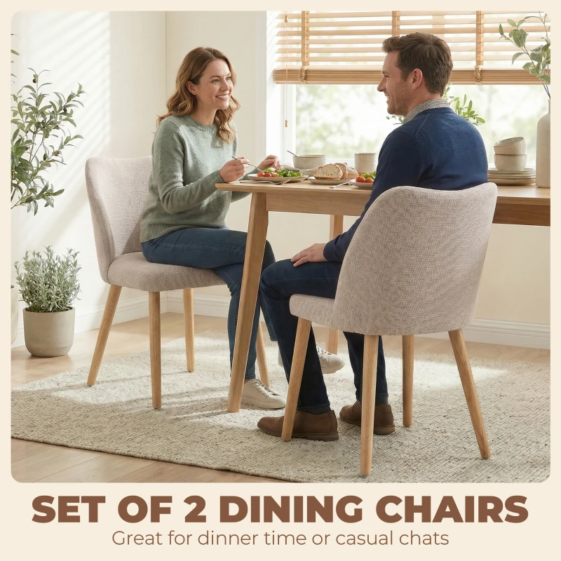 HOMCOM Set de 2 Scaune de Masă Moderne, Scaune de Bucătărie cu Tapițerie din In, Șezut Imbătut, Spătar Curbat, Picioare din Lemn de Cauciuc, Ușor de Asamblat, Alb Crem