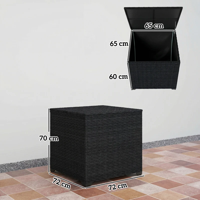 Outsunny Baú de Armazenamento Exterior de Ratã de 253L com Vara Hidráulica Forro com Fecho e Estrutura de Aço Preto
