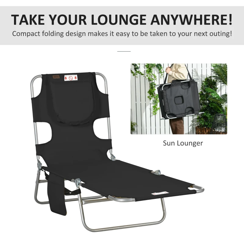 Outsunny Foldable Sun Lounger - Beach Chaise Lounge with Reading Hole, Arm Slots, 5-Position Adjustable Backrest, Side Pocket, Pillow for Patio, Garden, Beach, Pool, Black
