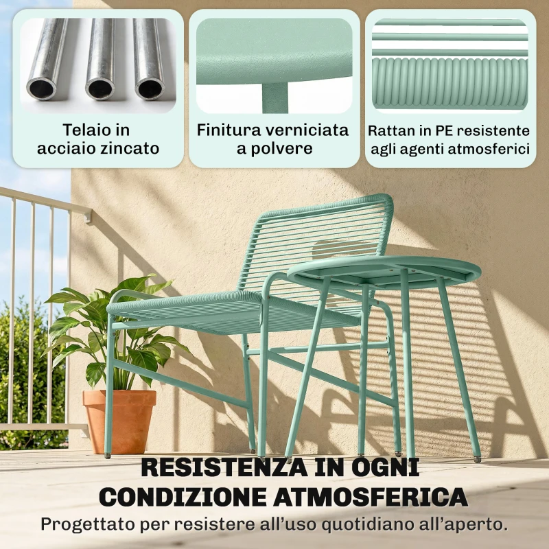 Outsunny Set Bistrò Rattan 3 Pezzi: 2 Sedie, Tavolo Rotondo Giardino, Verde.