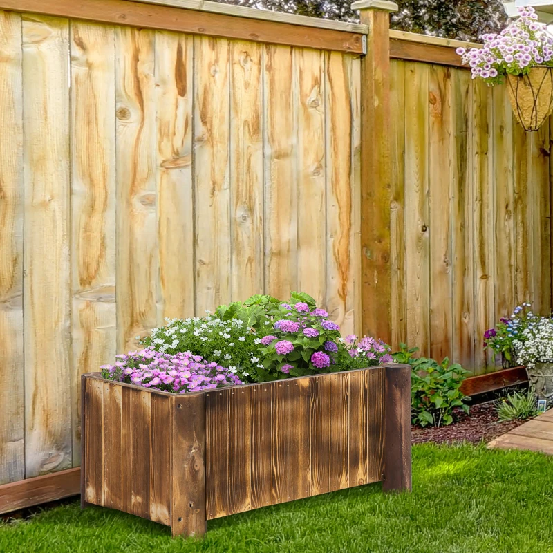 Outsunny Planter on Legs Flower Box dim. 70L x 35l x 30H cm Half-log Legs Slatted Pine Wood-look Body Carbonization-treated