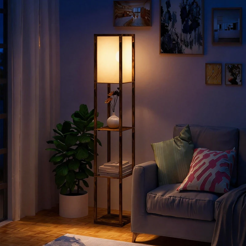 HOMCOM Lampada da Terra con 3 Mensole Integrate, Attacco E27 Potenza 40W, 26x26x160cm, Colore Legno