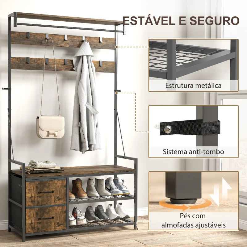 HOMCOM Móvel Cabide de Entrada com Banco 10 Ganchos 2 Gavetas e Barra para Pendurar Estilo Industrial 100x40x180 cm Castanho Rústico