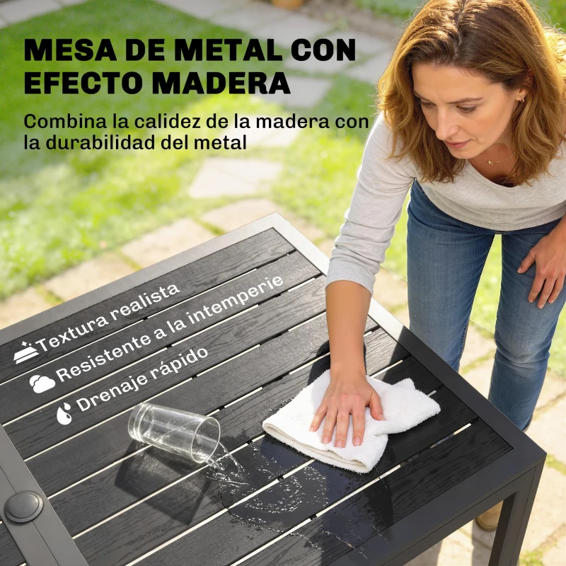 Outsunny Conjunto de Mesa y Sillas Jardín con Mesa Metálica con Agujero y 6 Sillas Apilables Transpirables para Terraza Gris