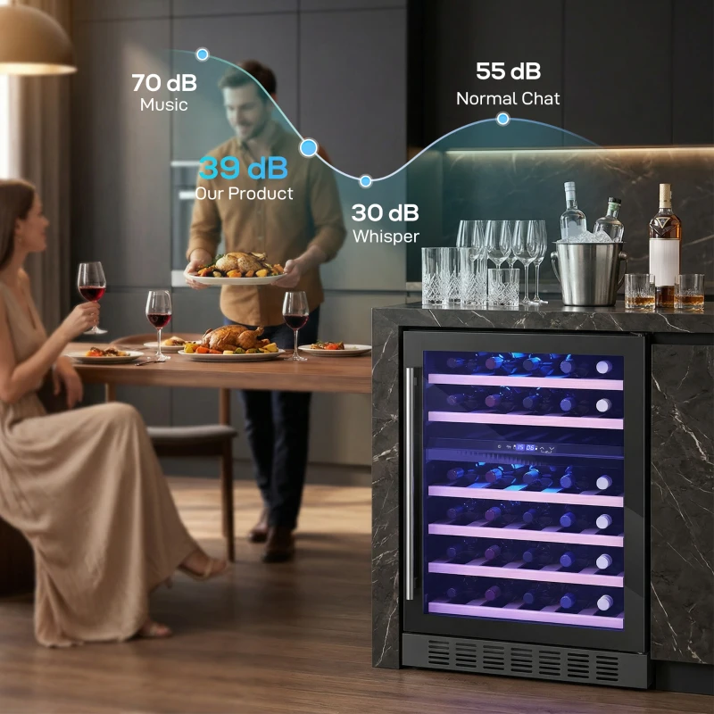 HOMCOM Cantinetta Vino Doppia Temperatura 5–18 °C 46 Bottiglie 131L con Porta in Vetro Temperato Triplo, Nero