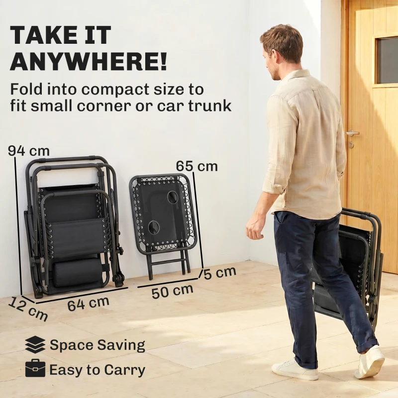 Outsunny 3pcs Folding Zero Gravity Chairs Sun Lounger Table Set w/ Cup Holders Reclining Garden Yard Pool, Black