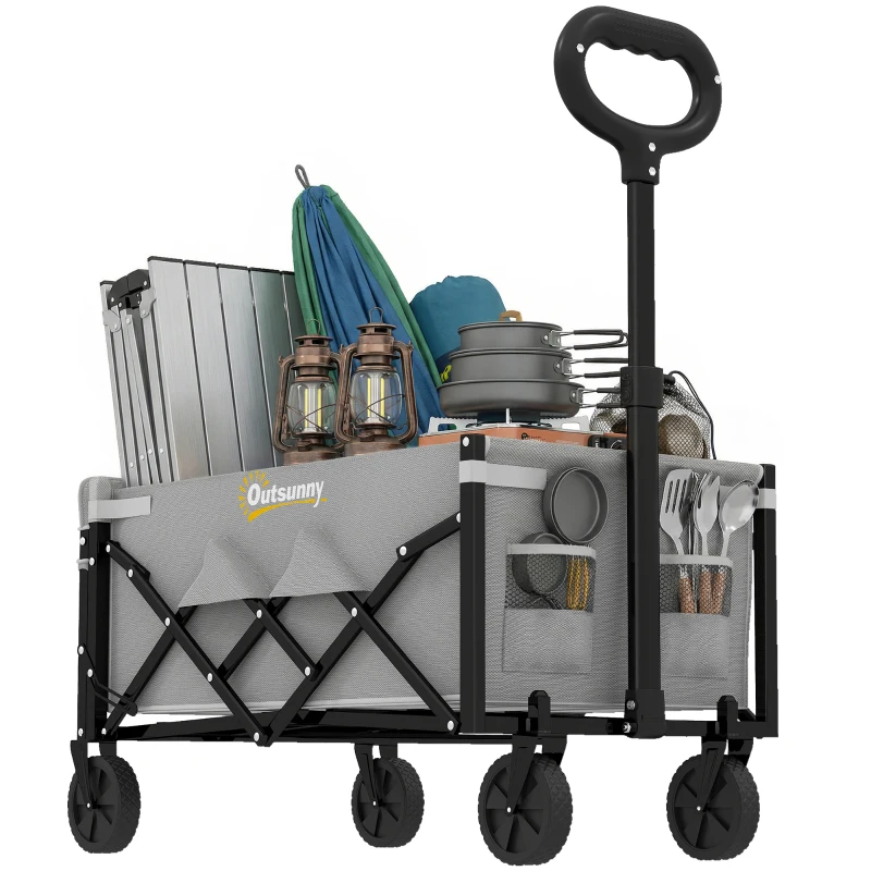 Outsunny 60L Foldable Festival Trolley on Wheels, Collapsible Wagon Cart with Drop-Down Tailgate, Adjustable Handle, Grey
