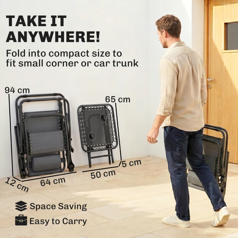 Outsunny 3pcs Folding Zero Gravity Chairs Sun Lounger Table Set w/ Cup Holders Reclining Garden Yard Pool, Dark Grey