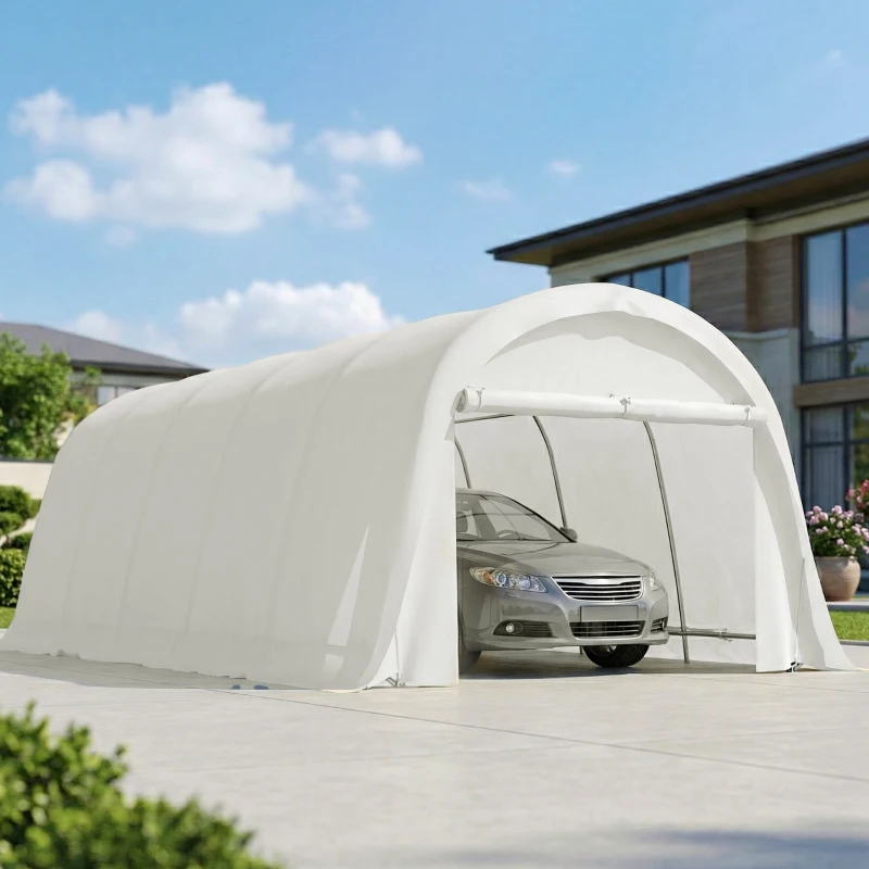 Carport Outsunny 3,6 x 7,2 m Rezistent, Garaj Portabil cu Protecție Solară UPF50+, Cadru Galvanizat, Ușă Mare Rulantă pentru Mașini, Camioane, Bărci, Motociclete, Biciclete, Alb Crem