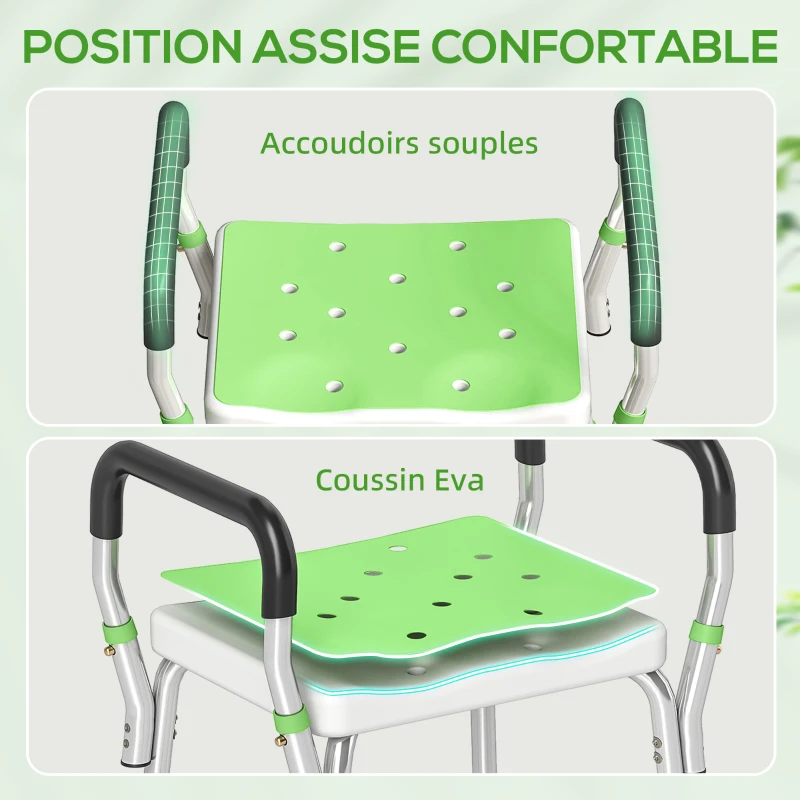HOMCOM Tabouret de douche pour personnes âgées et handicapées avec accoudoirs, hauteur réglable, patins antidérapants, vert
