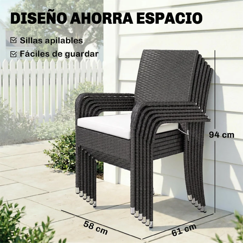 Outsunny Conjunto de Mesa y Sillas Jardín de Ratán 7 Piezas con Mesa Extensible con Tablero Madera y 6 Sillas Apilables Cojines