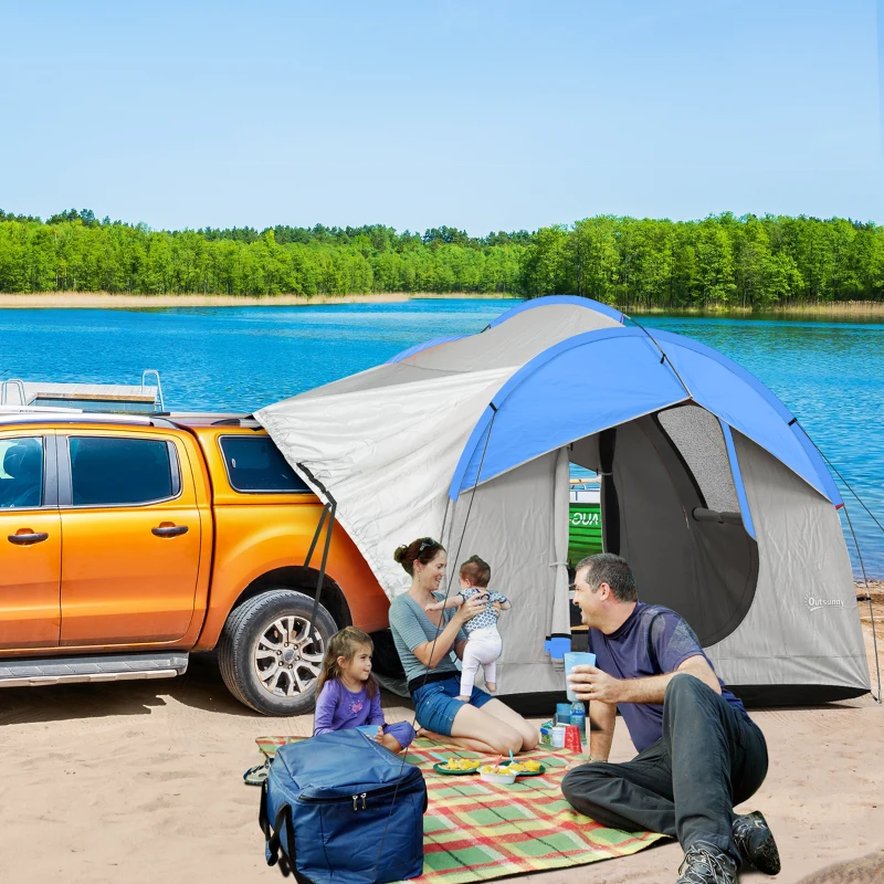 Outsunny SUV Car Tent for Camping, Waterproof PU2000mm, 5 Man Tailgate Tent, 2.4 x 2.1 m, Grey and Blue