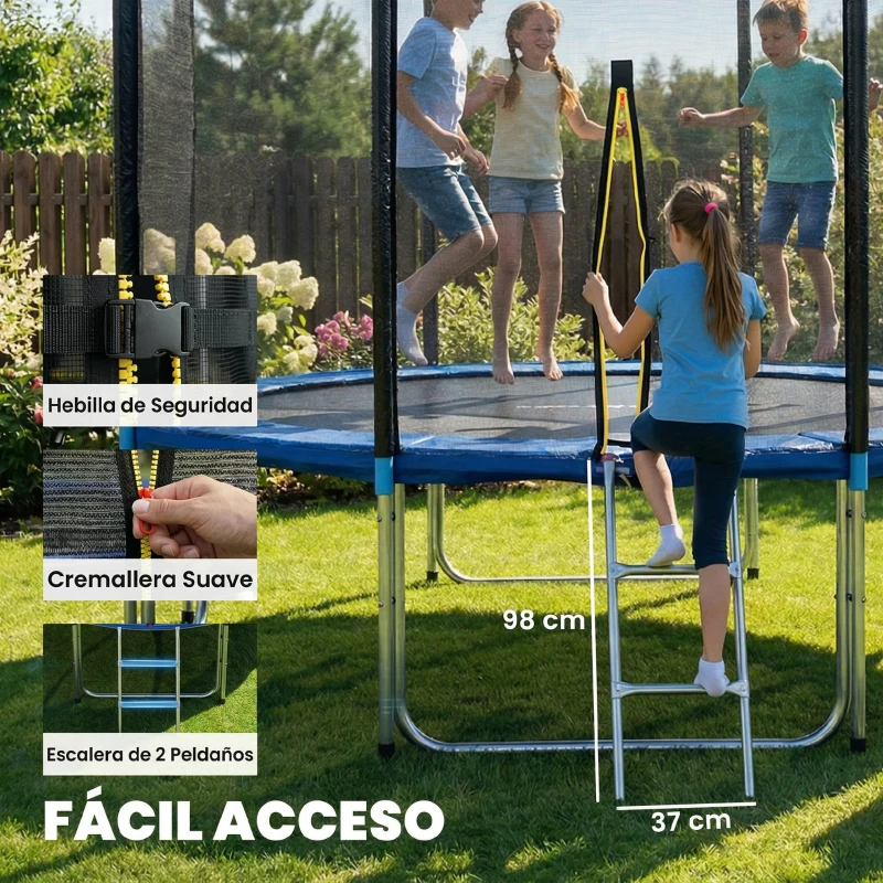 SPORTNOW Cama Elástica Exterior Ø366 cm Trampolín para Niños con Red de Seguridad Escalera y Acolchado de Muelles Azul