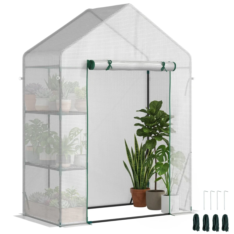 Outsunny Portable Greenhouse for Outdoor with 2 Tier Shelf, Small Gardening Plant Grow House, Roll-Up Zipped Door, PE Cover, 143 x 73 x 195cm, Green