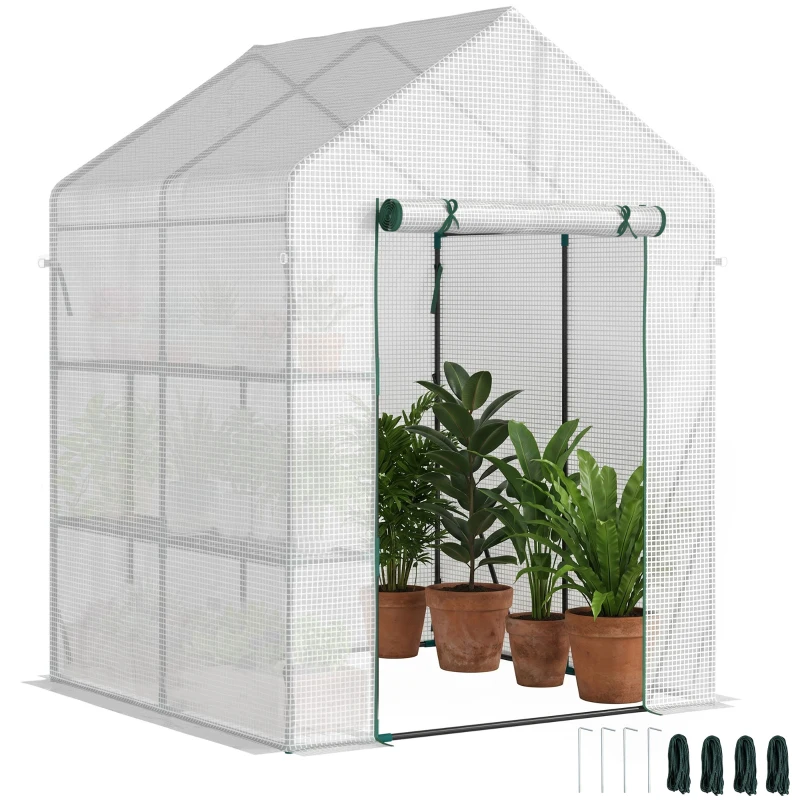 Outsunny Estufa de Jardim 143x143x195 cm Estufa de Aço com 2 Prateleiras e Porta Enrolável para Cultivos de Plantas Vasos de Flores Pátio Exterior Branco