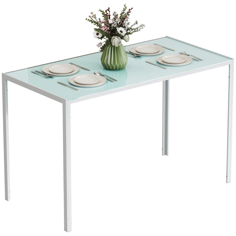 HOMCOM Table à manger pour 4 personnes, table de cuisine avec plateau en verre trempé et pieds en métal, 120x60x75cm, blanc