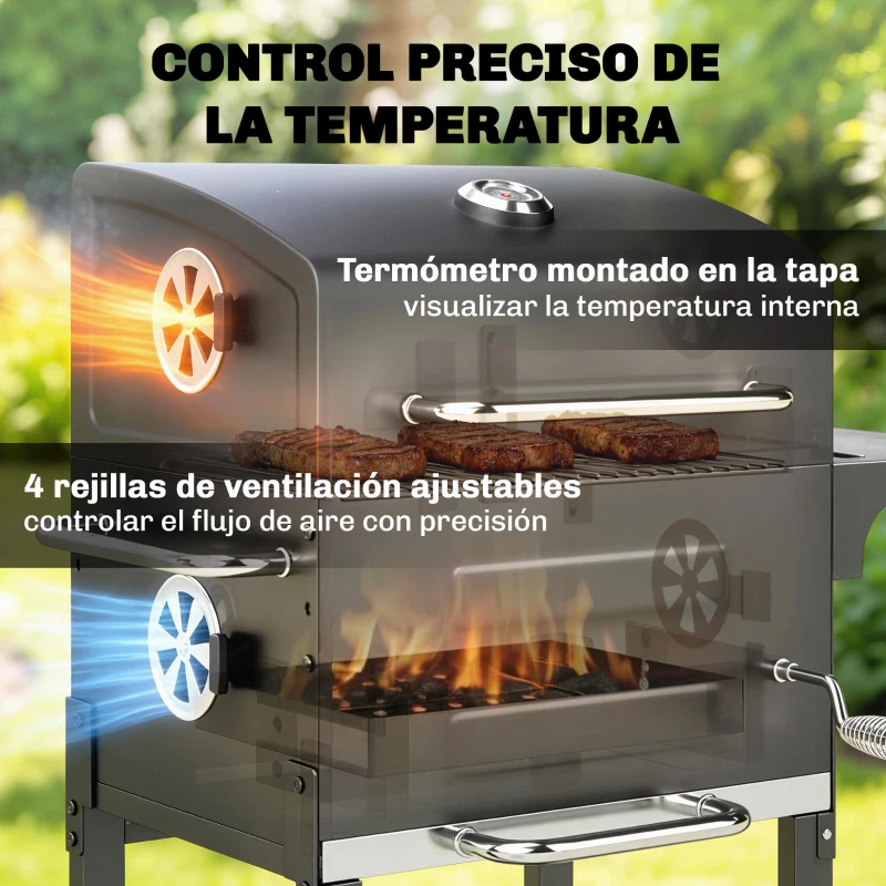 Outsunny Barbacoa de Carbón Portátil con Parrilla de Acero Inoxidable Estante Lateral Termómetro Bandeja y Ruedas Negro