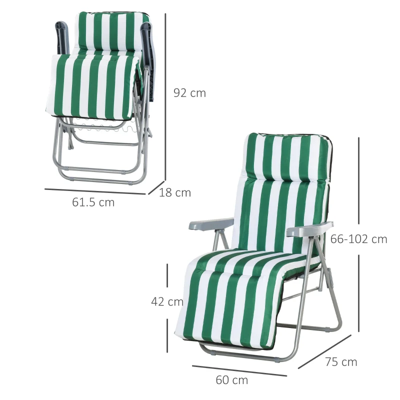 Outsunny 2 Pieces Garden Patio Furniture Set of 2, Outdoor Foldable Sun Recliners Loungers with Multi Position Relaxers Chairs and Cushions (Green White)