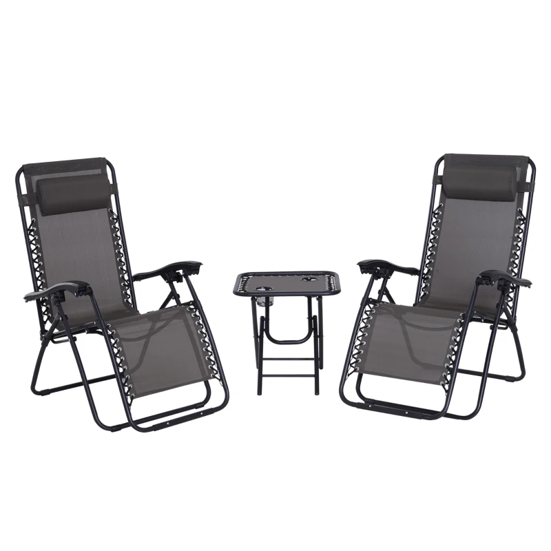 Outsunny 3pcs Folding Zero Gravity Chairs Sun Lounger Table Set w/ Cup Holders Reclining Garden Yard Pool, Dark Grey