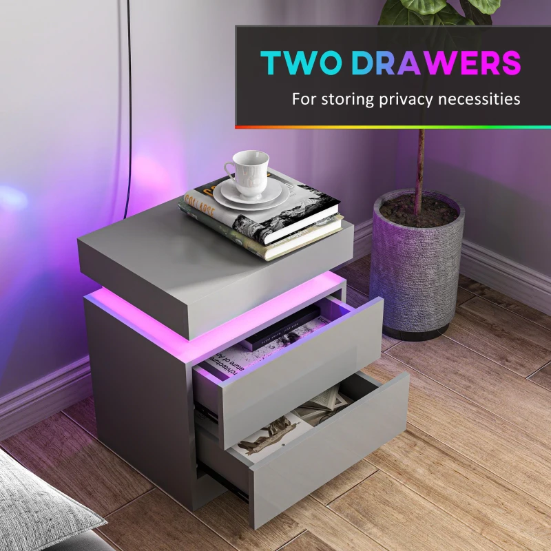 HOMCOM Grey Bedside Table with LED Light, High Gloss Front Nightstand with 2 Drawers, for Living Room, Bedroom
